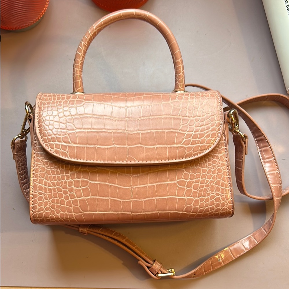 Pink Crocodile-Embossed Leather Handbag